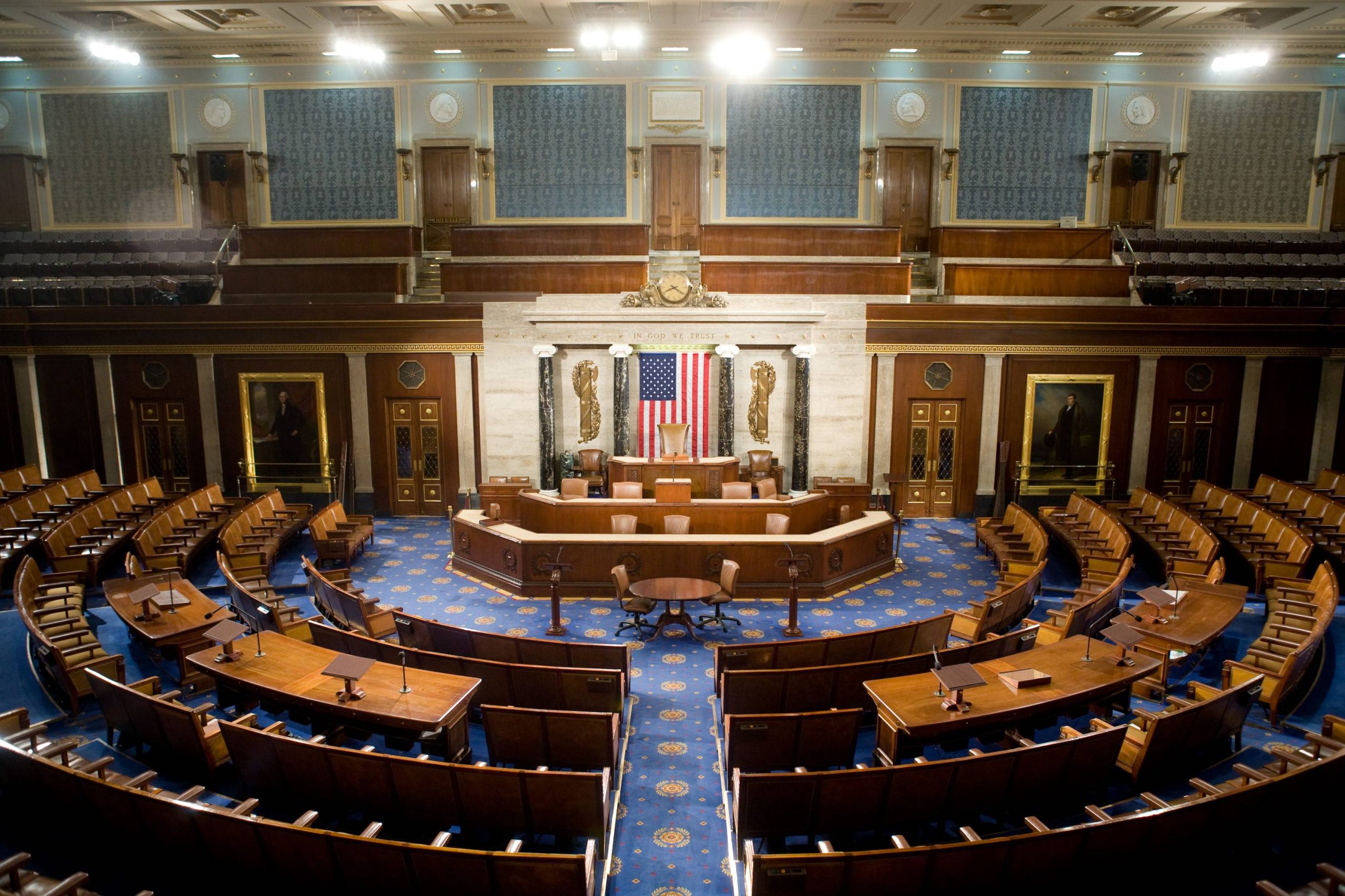 The United States House of Representatives, where articles of impeachment can be brought against the president, is empty in this photo.